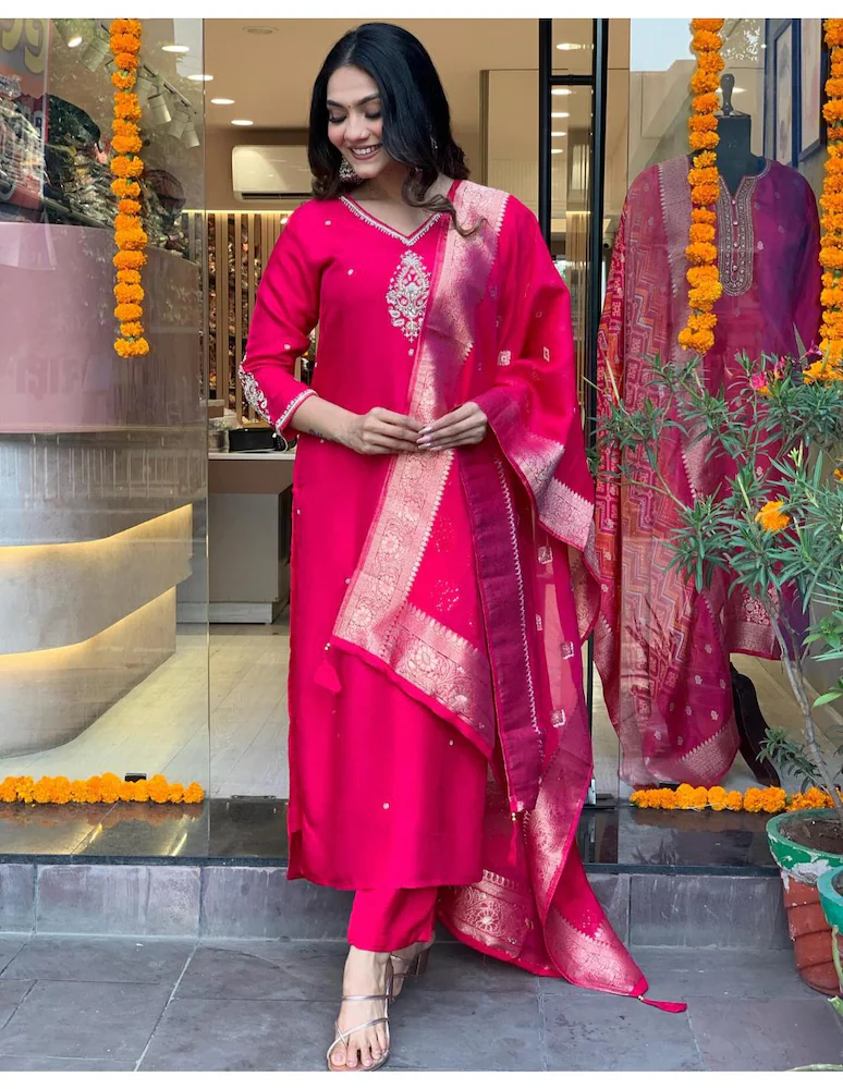 GoSriKi Women's Pink Straight Embroidered Kurta with Trouser & Dupatta
