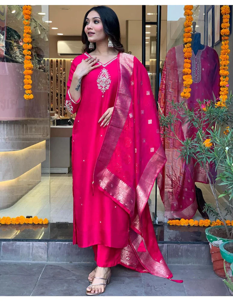 GoSriKi Women's Pink Straight Embroidered Kurta with Trouser & Dupatta