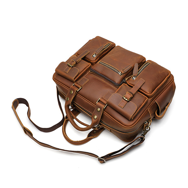 Genuine leather briefcase top layer cowhide men's bag shoulder messenger handbag large capacity travel bag business trip multi-pocket bag