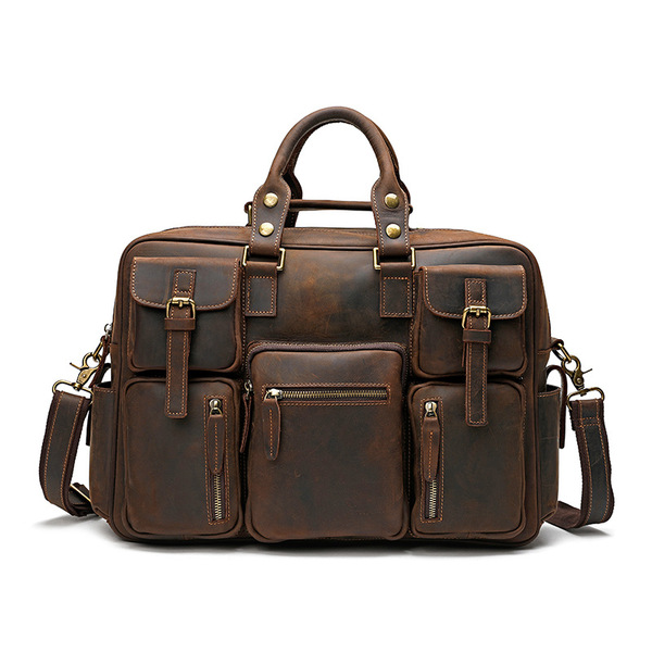 Genuine leather briefcase top layer cowhide men's bag shoulder messenger handbag large capacity travel bag business trip multi-pocket bag