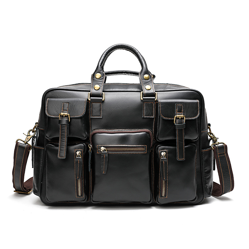 Genuine leather briefcase top layer cowhide men's bag shoulder messenger handbag large capacity travel bag business trip multi-pocket bag