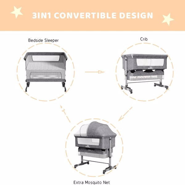 3-in-1 Baby Bedside Crib with Mosquito Net, Large Storage, Comfortable Mattress & Lockable Wheels – Grey