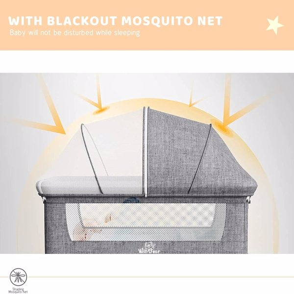 3-in-1 Baby Bedside Crib with Mosquito Net, Large Storage, Comfortable Mattress & Lockable Wheels – Grey