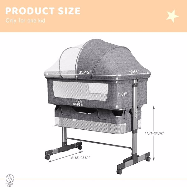 3-in-1 Baby Bedside Crib with Mosquito Net, Large Storage, Comfortable Mattress & Lockable Wheels – Grey